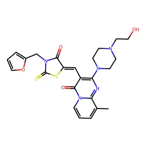 3-{(Z)-[3-(2-furylmethyl)-4-oxo-2-thioxo-1,3-thiazolidin-5-ylidene]methyl}-2-[4-(2-hydroxyethyl)-1-piperazinyl]-9-methyl-4H-pyrido[1,2-a]pyrimidin-4-one structure