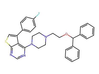 4-(4-(2-(benzhydryloxy)ethyl)piperazin-1-yl)-5-(4-fluorophenyl)thieno[2,3-d]pyrimidine structure