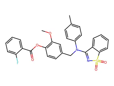 4-[[(1,1-Dioxido-1,2-benzisothiazol-3-yl)(4-methylphenyl)amino]methyl]-2-methoxyphenyl 2-fluorobenzoate structure