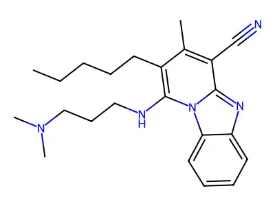 13-{[3-(dimethylamino)propyl]amino}-11-methyl-12-pentyl-1,8-diazatricyclo[7.4.0.0^{2,7}]trideca-2(7),3,5,8,10,12-hexaene-10-carbonitrile structure