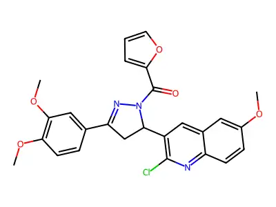(5-(2-chloro-6-methoxyquinolin-3-yl)-3-(3,4-dimethoxyphenyl)-4,5-dihydro-1H-pyrazol-1-yl)(furan-2-yl)methanone structure