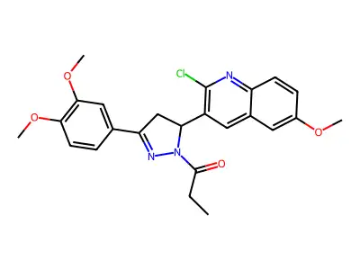 1-[5-(2-chloro-6-methoxyquinolin-3-yl)-3-(3,4-dimethoxyphenyl)-4,5-dihydro-1H-pyrazol-1-yl]propan-1-one structure
