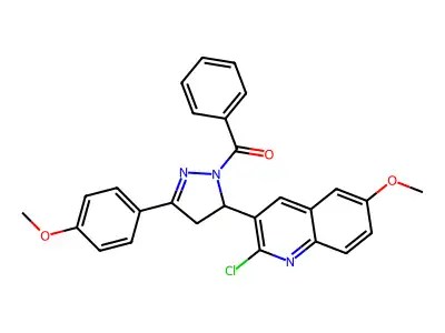 (5-(2-chloro-6-methoxyquinolin-3-yl)-3-(4-methoxyphenyl)-4,5-dihydro-1H-pyrazol-1-yl)(phenyl)methanone structure