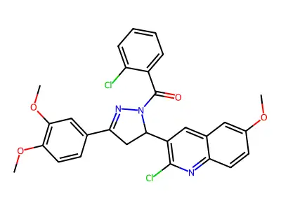 (5-(2-chloro-6-methoxyquinolin-3-yl)-3-(3,4-dimethoxyphenyl)-4,5-dihydro-1H-pyrazol-1-yl)(2-chlorophenyl)methanone structure