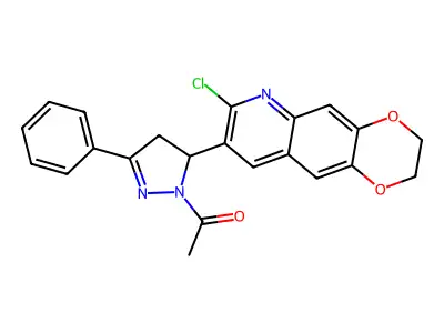 1-(5-(7-chloro-2,3-dihydro-[1,4]dioxino[2,3-g]quinolin-8-yl)-3-phenyl-4,5-dihydro-1H-pyrazol-1-yl)ethanone structure