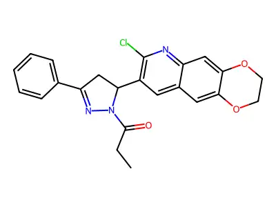 1-(5-(7-chloro-2,3-dihydro-[1,4]dioxino[2,3-g]quinolin-8-yl)-3-phenyl-4,5-dihydro-1H-pyrazol-1-yl)propan-1-one structure