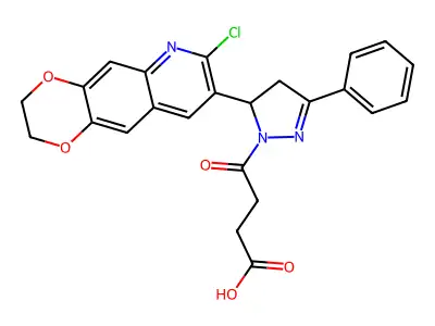 4-[5-(7-chloro-2,3-dihydro[1,4]dioxino[2,3-g]quinolin-8-yl)-3-phenyl-4,5-dihydro-1H-pyrazol-1-yl]-4-oxobutanoic acid structure