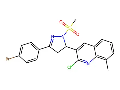 3-(3-(4-bromophenyl)-1-(methylsulfonyl)-4,5-dihydro-1H-pyrazol-5-yl)-2-chloro-8-methylquinoline structure
