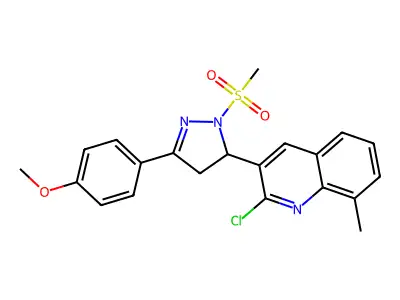 2-chloro-3-(3-(4-methoxyphenyl)-1-(methylsulfonyl)-4,5-dihydro-1H-pyrazol-5-yl)-8-methylquinoline structure