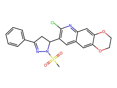 7-chloro-8-(1-(methylsulfonyl)-3-phenyl-4,5-dihydro-1H-pyrazol-5-yl)-2,3-dihydro-[1,4]dioxino[2,3-g]quinoline structure