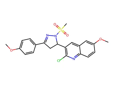 2-chloro-3-[1-methanesulfonyl-3-(4-methoxyphenyl)-4,5-dihydro-1H-pyrazol-5-yl]-6-methoxyquinoline structure
