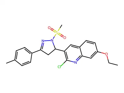 2-chloro-7-ethoxy-3-(1-(methylsulfonyl)-3-(p-tolyl)-4,5-dihydro-1H-pyrazol-5-yl)quinoline structure