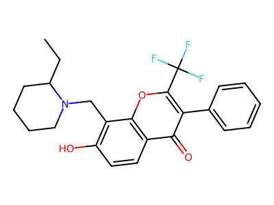 8-[(2-ethyl-1-piperidinyl)methyl]-7-hydroxy-3-phenyl-2-(trifluoromethyl)-4H-chromen-4-one structure