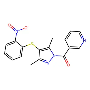(3,5-dimethyl-4-((2-nitrophenyl)thio)-1H-pyrazol-1-yl)(pyridin-3-yl)methanone structure