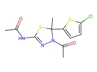 N-[4-acetyl-5-(5-chlorothiophen-2-yl)-5-methyl-1,3,4-thiadiazol-2-yl]acetamide structure