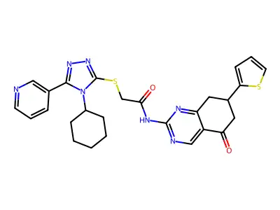 2-{[4-cyclohexyl-5-(pyridin-3-yl)-4H-1,2,4-triazol-3-yl]sulfanyl}-N-[5-oxo-7-(thiophen-2-yl)-5,6,7,8-tetrahydroquinazolin-2-yl]acetamide structure