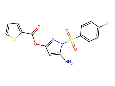5-amino-1-(4-fluorobenzenesulfonyl)-1H-pyrazol-3-yl thiophene-2-carboxylate structure