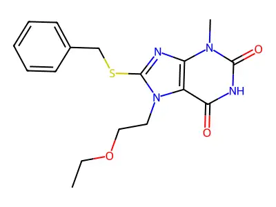 8-(benzylthio)-7-(2-ethoxyethyl)-3-methyl-1H-purine-2,6(3H,7H)-dione structure