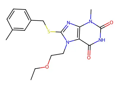 7-(2-ethoxyethyl)-3-methyl-8-((3-methylbenzyl)thio)-1H-purine-2,6(3H,7H)-dione structure