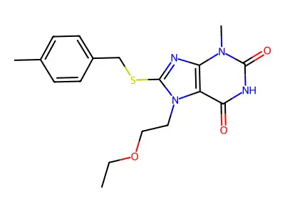 7-(2-ethoxyethyl)-3-methyl-8-((4-methylbenzyl)thio)-1H-purine-2,6(3H,7H)-dione structure