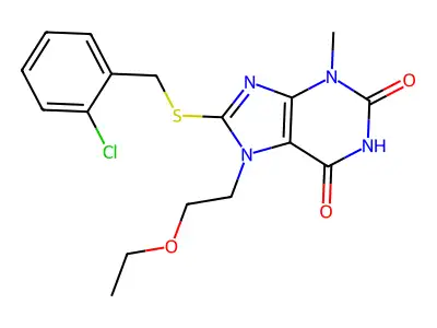 8-((2-chlorobenzyl)thio)-7-(2-ethoxyethyl)-3-methyl-1H-purine-2,6(3H,7H)-dione structure
