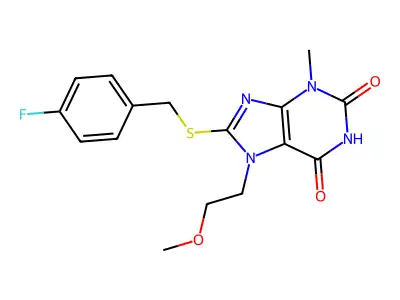 8-((4-fluorobenzyl)thio)-7-(2-methoxyethyl)-3-methyl-1H-purine-2,6(3H,7H)-dione structure