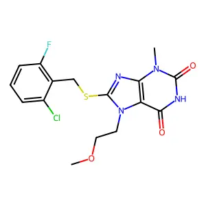 8-((2-chloro-6-fluorobenzyl)thio)-7-(2-methoxyethyl)-3-methyl-1H-purine-2,6(3H,7H)-dione structure