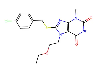 8-((4-chlorobenzyl)thio)-7-(2-ethoxyethyl)-3-methyl-1H-purine-2,6(3H,7H)-dione structure