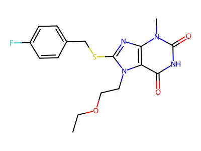 7-(2-ethoxyethyl)-8-((4-fluorobenzyl)thio)-3-methyl-1H-purine-2,6(3H,7H)-dione structure