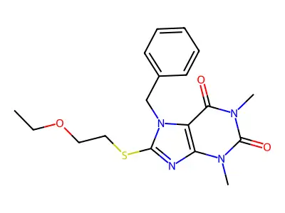 7-benzyl-8-((2-ethoxyethyl)thio)-1,3-dimethyl-1H-purine-2,6(3H,7H)-dione structure