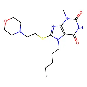 3-methyl-8-((2-morpholinoethyl)thio)-7-pentyl-1H-purine-2,6(3H,7H)-dione structure