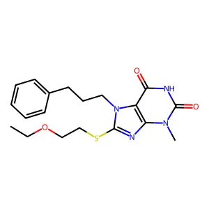 8-((2-ethoxyethyl)thio)-3-methyl-7-(3-phenylpropyl)-1H-purine-2,6(3H,7H)-dione structure