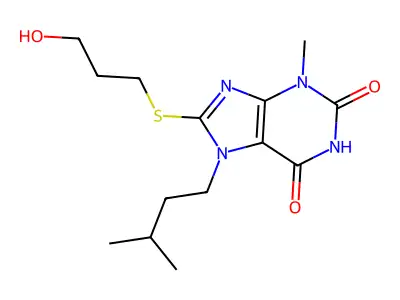 8-((3-hydroxypropyl)thio)-7-isopentyl-3-methyl-1H-purine-2,6(3H,7H)-dione structure