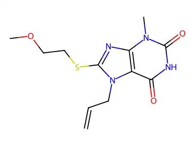 7-allyl-8-((2-methoxyethyl)thio)-3-methyl-1H-purine-2,6(3H,7H)-dione structure