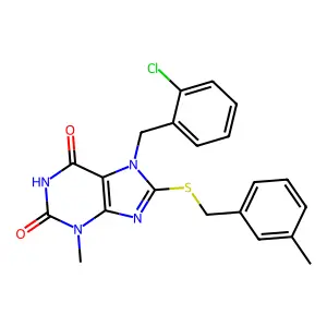 7-(2-chlorobenzyl)-3-methyl-8-((3-methylbenzyl)thio)-1H-purine-2,6(3H,7H)-dione structure