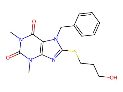 7-benzyl-8-((3-hydroxypropyl)thio)-1,3-dimethyl-1H-purine-2,6(3H,7H)-dione structure