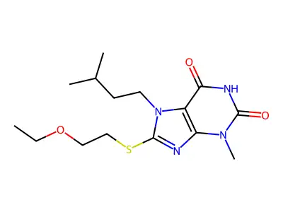 8-((2-ethoxyethyl)thio)-7-isopentyl-3-methyl-1H-purine-2,6(3H,7H)-dione structure