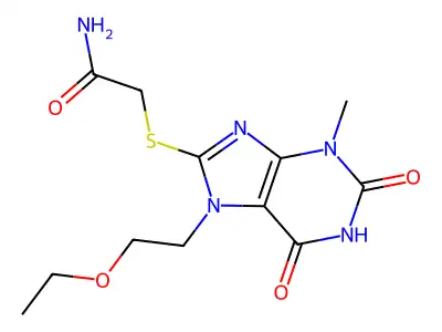 2-((7-(2-ethoxyethyl)-3-methyl-2,6-dioxo-2,3,6,7-tetrahydro-1H-purin-8-yl)thio)acetamide structure