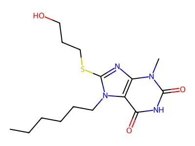 7-hexyl-8-((3-hydroxypropyl)thio)-3-methyl-1H-purine-2,6(3H,7H)-dione structure