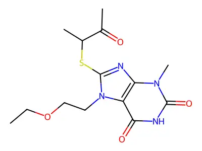7-(2-ethoxyethyl)-3-methyl-8-((3-oxobutan-2-yl)thio)-1H-purine-2,6(3H,7H)-dione structure