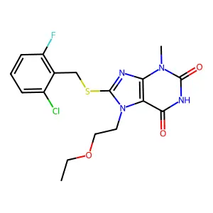 8-((2-chloro-6-fluorobenzyl)thio)-7-(2-ethoxyethyl)-3-methyl-1H-purine-2,6(3H,7H)-dione structure