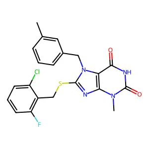 8-((2-chloro-6-fluorobenzyl)thio)-3-methyl-7-(3-methylbenzyl)-1H-purine-2,6(3H,7H)-dione structure