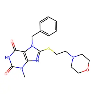 7-benzyl-3-methyl-8-((2-morpholinoethyl)thio)-1H-purine-2,6(3H,7H)-dione structure
