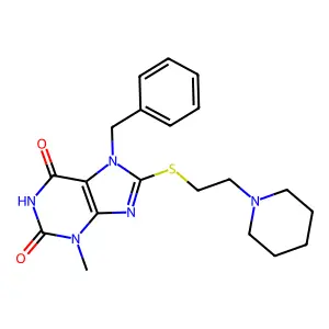 7-benzyl-3-methyl-8-((2-(piperidin-1-yl)ethyl)thio)-1H-purine-2,6(3H,7H)-dione structure