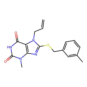 7-allyl-3-methyl-8-((3-methylbenzyl)thio)-1H-purine-2,6(3H,7H)-dione structure
