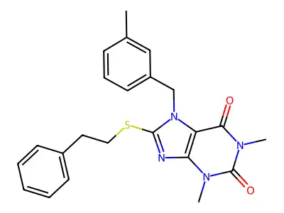 1,3-dimethyl-7-(3-methylbenzyl)-8-(phenethylthio)-1H-purine-2,6(3H,7H)-dione structure
