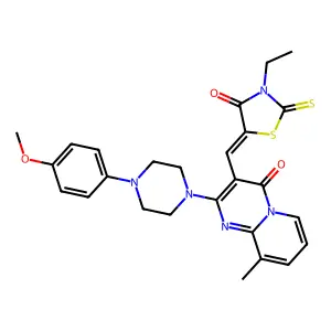 3-[(Z)-(3-ethyl-4-oxo-2-thioxo-1,3-thiazolidin-5-ylidene)methyl]-2-[4-(4-methoxyphenyl)piperazin-1-yl]-9-methyl-4H-pyrido[1,2-a]pyrimidin-4-one structure
