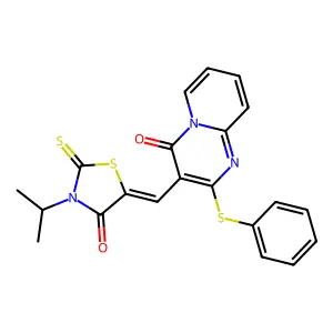 3-[(Z)-(3-isopropyl-4-oxo-2-thioxo-1,3-thiazolidin-5-ylidene)methyl]-2-(phenylthio)-4H-pyrido[1,2-a]pyrimidin-4-one structure