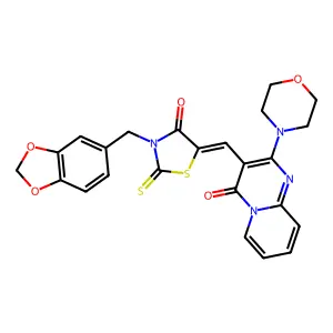 3-{(Z)-[3-(1,3-benzodioxol-5-ylmethyl)-4-oxo-2-thioxo-1,3-thiazolidin-5-ylidene]methyl}-2-(morpholin-4-yl)-4H-pyrido[1,2-a]pyrimidin-4-one structure