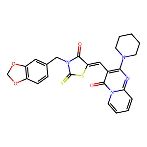 3-{(Z)-[3-(1,3-benzodioxol-5-ylmethyl)-4-oxo-2-thioxo-1,3-thiazolidin-5-ylidene]methyl}-2-(piperidin-1-yl)-4H-pyrido[1,2-a]pyrimidin-4-one structure